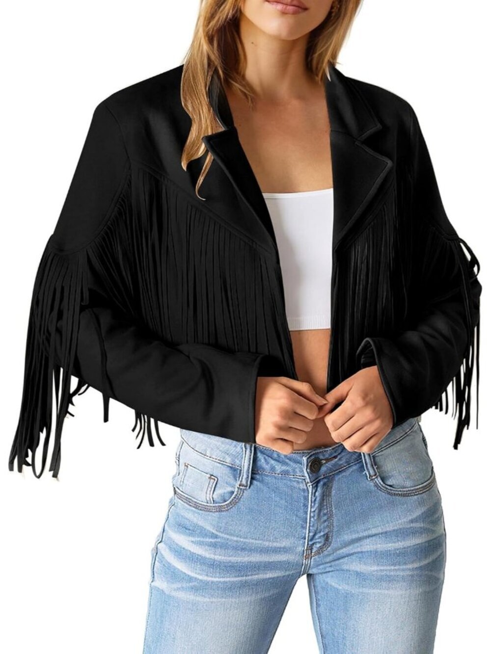 Women's Black Polyester Blend Faux Suede Leather Motorcycle Cropped Jackets - Picture 2 of 6